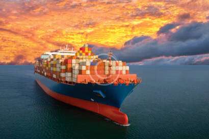 A large cargo ship loaded with colorful containers sails on calm ocean waters under a dramatic orange sunset sky.