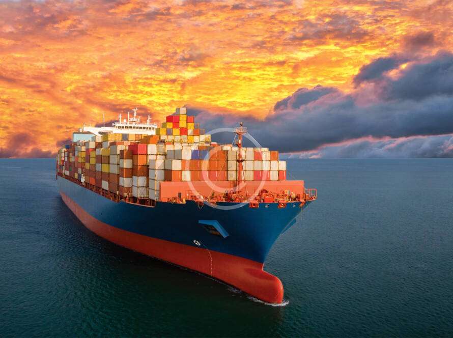 A large cargo ship loaded with colorful containers sails on calm ocean waters under a dramatic orange sunset sky.