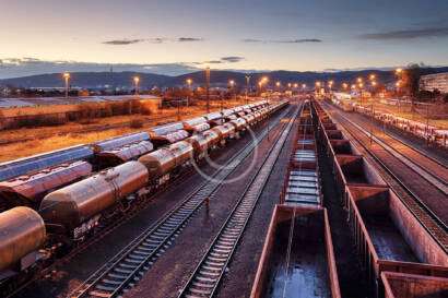 A train yard at dusk with multiple tracks and rows of freight trains. The sky is clear with a few clouds, and industrial buildings are visible in the background.