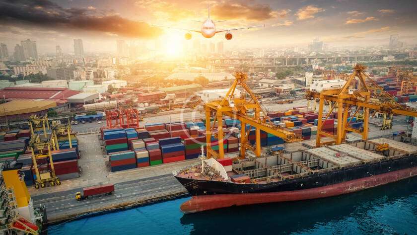 A cargo ship docked at a busy port with colorful shipping containers. A plane flies overhead with a city skyline in the background during sunset.