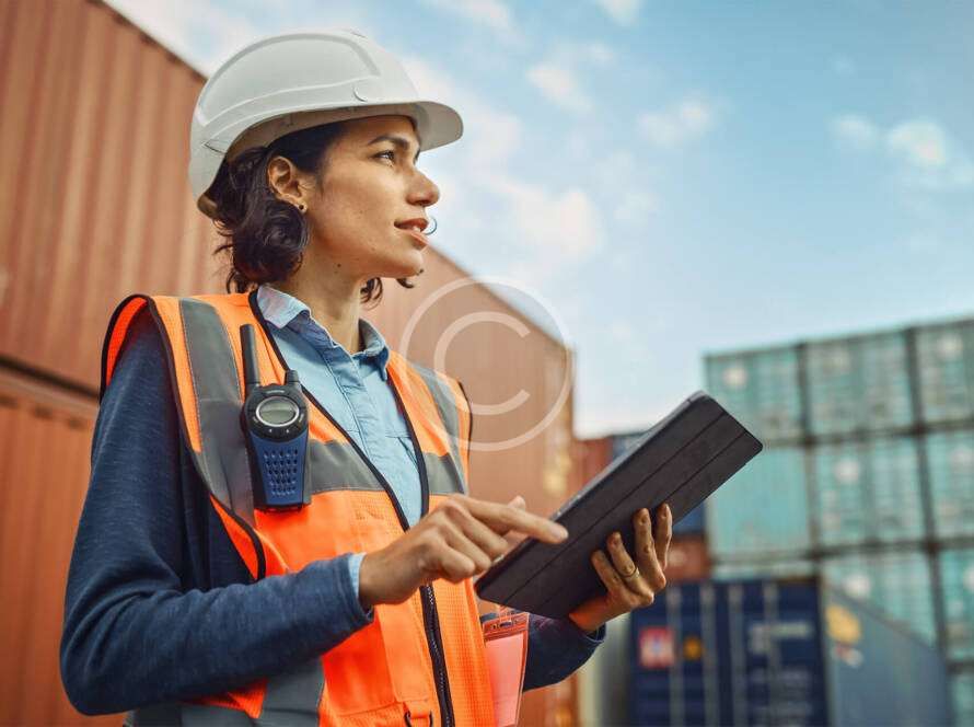 A woman in a hard hat and orange safety vest holds a tablet in a shipping yard, with cargo containers in the background.