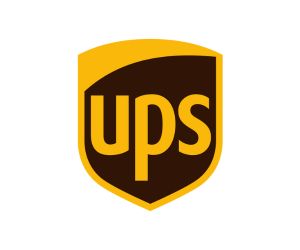 The UPS logo showcases a brown shield, proudly displaying "UPS" in bold yellow letters, symbolizing their commitment to global logistics solutions.