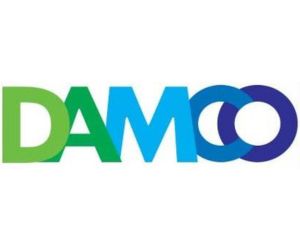 Logo of "DAMCO" in bold green and blue letters with overlapping circles, symbolizing their global logistics solutions.