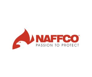 The NAFFCO logo showcases a red flame with a bird silhouette, symbolizing their commitment to "Passion to Protect." Their dedication extends beyond borders, as they integrate global logistics solutions into their safety mission.