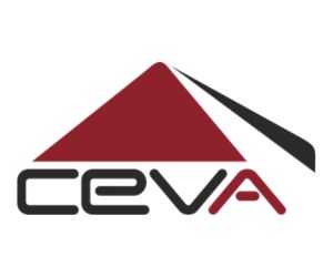 Logo of CEVA featuring a stylized red and black triangle design above the word "CEVA" in bold letters, representing their global logistics solutions.