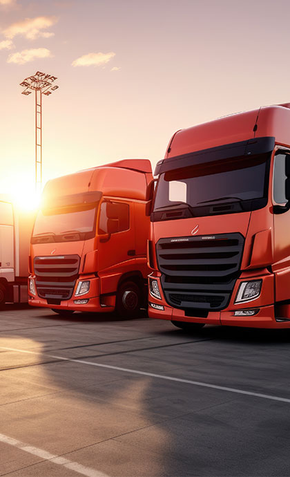 A row of red semi-trucks parked in a lot at sunset, with a light pole in the background.