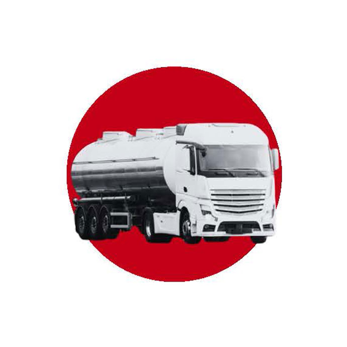 A white tanker truck is positioned against a red circular background.