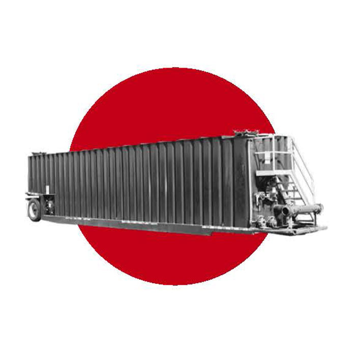 A large industrial container with a stair access is positioned in front of a red circle on a white background.
