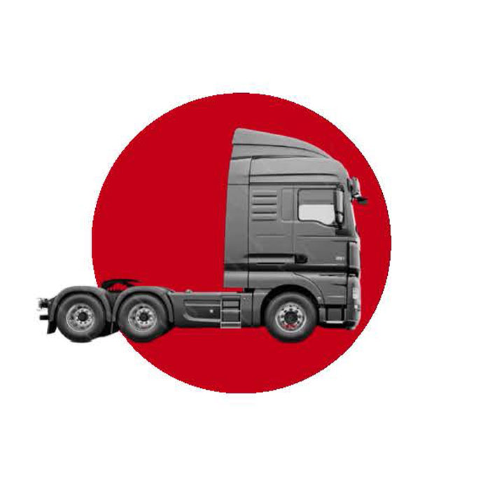 Gray semi-truck cab in profile against a red circle background.